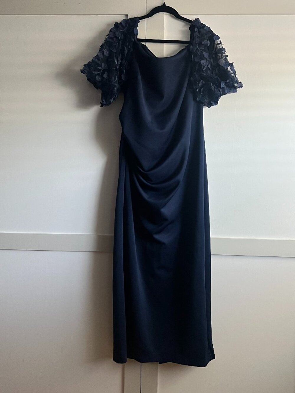 Xscape Navy 3D Floral Sleeve Off-The-Shoulder Ruched Gown - 18W